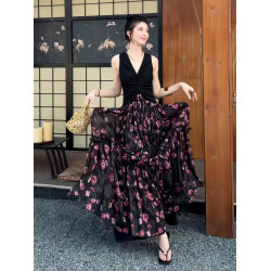 2025夏季高級感花影輕喃蕾絲拼接連衣裙碎花優雅設計感長裙6774