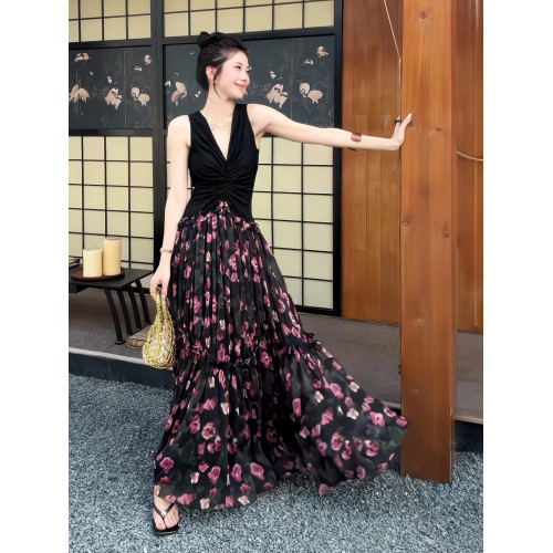 2025夏季高級感花影輕喃蕾絲拼接連衣裙碎花優雅設計感長裙6774