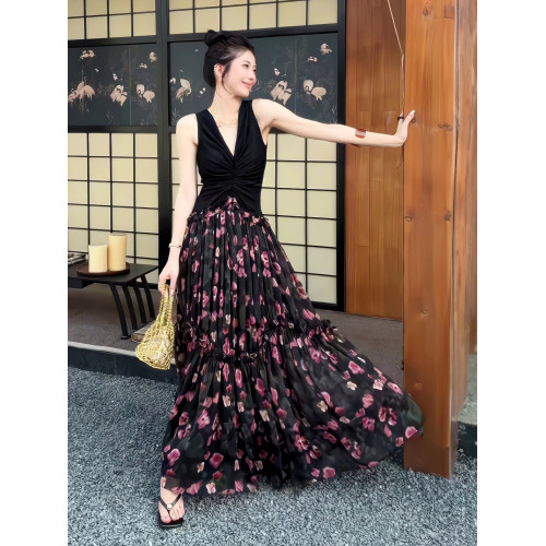 2025夏季高級感花影輕喃蕾絲拼接連衣裙碎花優雅設計感長裙6774
