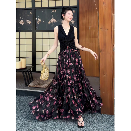 2025夏季高級感花影輕喃蕾絲拼接連衣裙碎花優雅設計感長裙6774