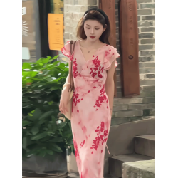 法式海邊度假風V領碎花連衣裙女2025夏季新款甜美風收腰顯瘦長裙