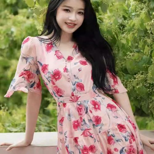 孫怡同款粉色玫瑰花氣質法式連衣裙時尚減齡修身顯瘦碎花長裙女夏