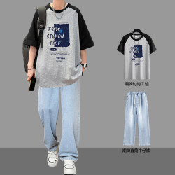 純棉短袖男t恤2025夏季潮流潮牌青少年打底衫半袖上衣服學生套裝