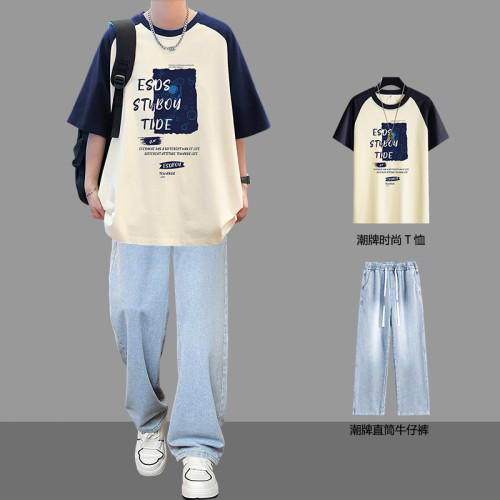 純棉短袖男t恤2025夏季潮流潮牌青少年打底衫半袖上衣服學生套裝