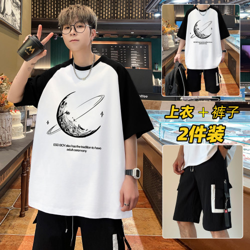 純棉短袖男t恤2025夏季潮流潮牌青少年打底衫半袖上衣服學生套裝