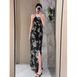禦姐辣妹度假風印花吊帶連衣裙女夏季時尚顯瘦性感露背開叉長裙子