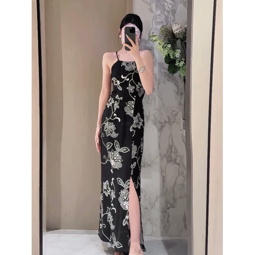 禦姐辣妹度假風印花吊帶連衣裙女夏季時尚顯瘦性感露背開叉長裙子
