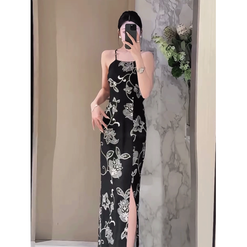 禦姐辣妹度假風印花吊帶連衣裙女夏季時尚顯瘦性感露背開叉長裙子