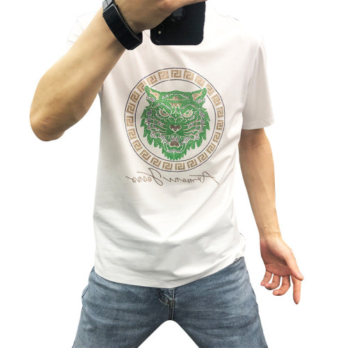 短袖男T恤大碼男裝2022綠色老虎頭燙鑽60支絲光棉輕奢歐貨體恤衫