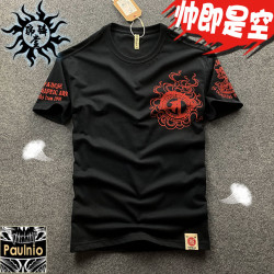 日系潮牌浮世繪蓮花觀音紋身純棉短袖 男t恤復古梵文潮流歐美街頭