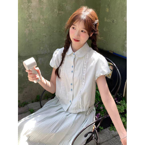 娃娃領條紋襯衫連衣裙子女夏季2025新款夏日巨好看穿搭配一整套裝
