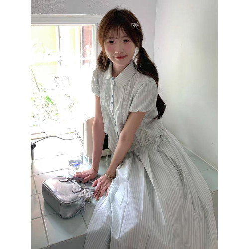 娃娃領條紋襯衫連衣裙子女夏季2025新款夏日巨好看穿搭配一整套裝
