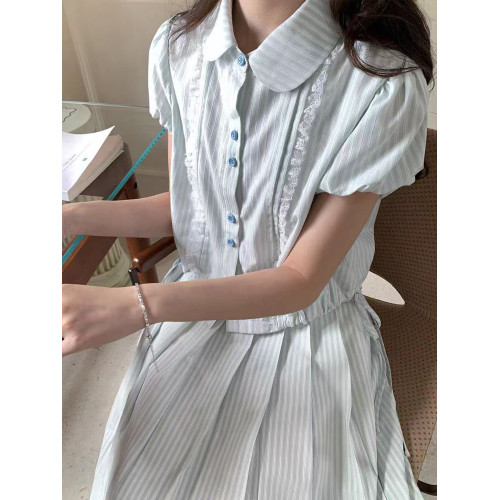 娃娃領條紋襯衫連衣裙子女夏季2025新款夏日巨好看穿搭配一整套裝