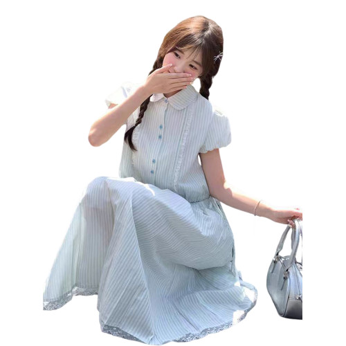 娃娃領條紋襯衫連衣裙子女夏季2025新款夏日巨好看穿搭配一整套裝