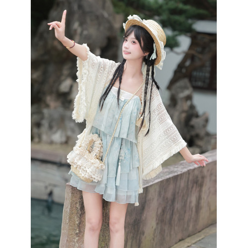 海鹽少女原創新中式連衣裙女夏小個子裙子日常度假海邊吊帶裙套裝