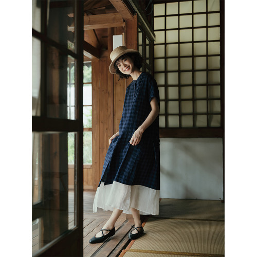 說與山聽 格子圓領拼接連衣裙休閒松馳感日系風格穿搭女春夏 6669