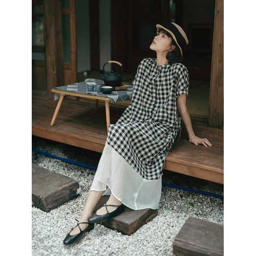 說與山聽 格子圓領拼接連衣裙休閒松馳感日系風格穿搭女春夏 6669