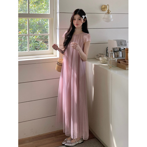 粉色薄紗連衣裙女2025新款初夏穿搭法式溫柔風絕美超仙仙女裙長裙