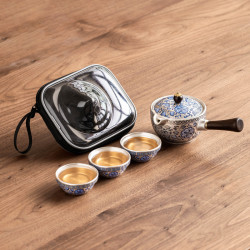 纏枝蓮999鎏銀旅行茶具套裝一壺三杯可攜式快客杯側把壺茶杯