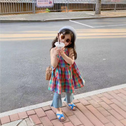 兒童沙灘裙2025夏款韓版女童格子吊帶裙彩色格子背心裙子洋氣