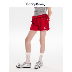 BarryBanny女童短褲2025夏季新款兒童休閒百搭中大童紅色中腰褲子