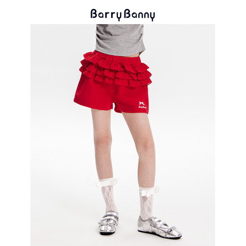 BarryBanny女童短褲2025夏季新款兒童休閒百搭中大童紅色中腰褲子