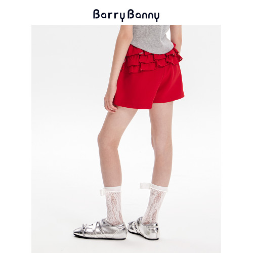 BarryBanny女童短褲2025夏季新款兒童休閒百搭中大童紅色中腰褲子