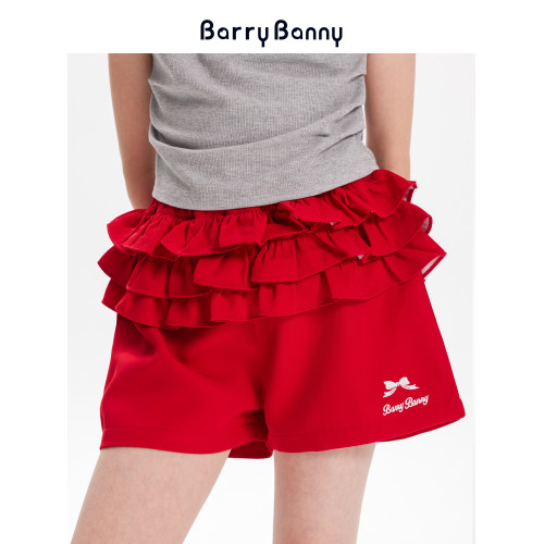 BarryBanny女童短褲2025夏季新款兒童休閒百搭中大童紅色中腰褲子