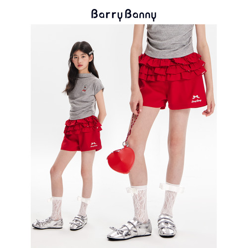 BarryBanny女童短褲2025夏季新款兒童休閒百搭中大童紅色中腰褲子