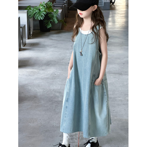 女童韓版寬松牛仔背心裙2025夏季新款女大童時髦木耳邊無袖連衣裙