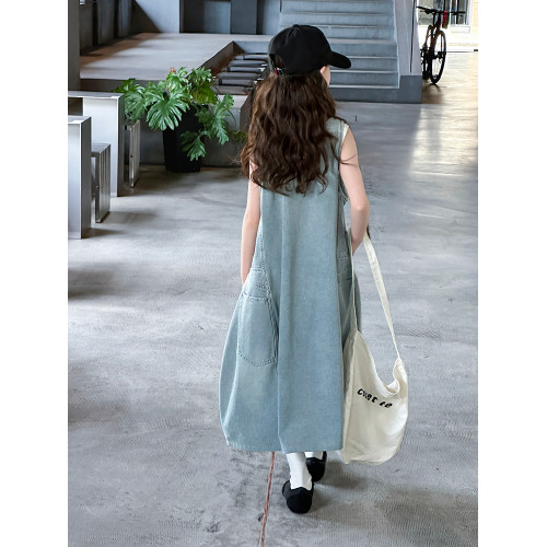 女童韓版寬松牛仔背心裙2025夏季新款女大童時髦木耳邊無袖連衣裙