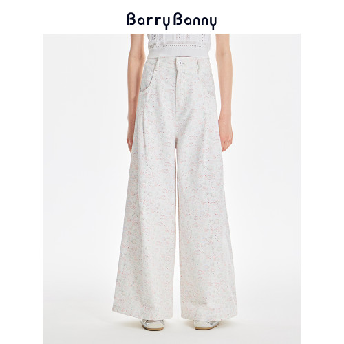 BarryBanny女童滿印小魚純棉濶腿褲夏季新款中大童休閒寬松直筒褲