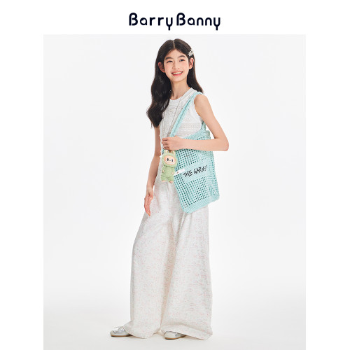 BarryBanny女童滿印小魚純棉濶腿褲夏季新款中大童休閒寬松直筒褲