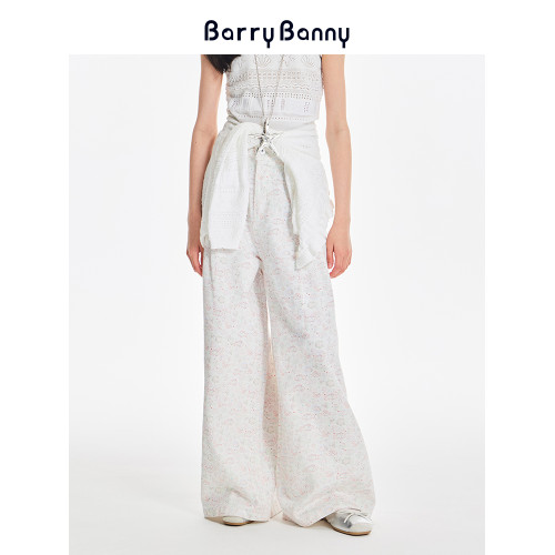 BarryBanny女童滿印小魚純棉濶腿褲夏季新款中大童休閒寬松直筒褲