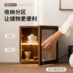 述藝居胡桃木單開門小收納櫃燕尾榫卯茶具櫃中式家用收納帶燈防塵