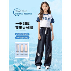 女童夏季褲子薄款2025新款夏天冰絲濶腿褲小女孩休閒運動防蚊長褲