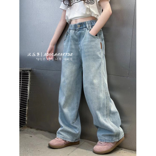 波拉韓童裝女童直筒牛仔褲2025夏季兒童百搭休閒褲中大童濶腿褲子
