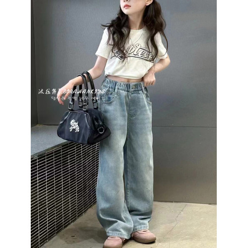 波拉韓童裝女童直筒牛仔褲2025夏季兒童百搭休閒褲中大童濶腿褲子