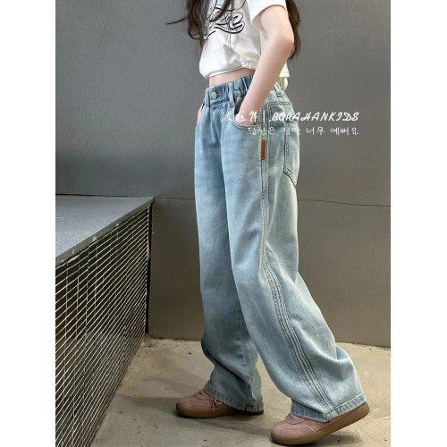 波拉韓童裝女童直筒牛仔褲2025夏季兒童百搭休閒褲中大童濶腿褲子