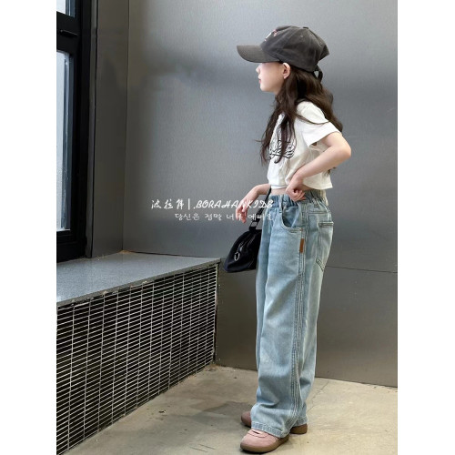 波拉韓童裝女童直筒牛仔褲2025夏季兒童百搭休閒褲中大童濶腿褲子