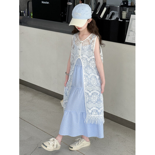 女童連衣裙套裝夏季2025新款兒童洋氣時髦格子裙子大童女孩夏裝