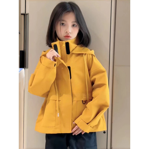 玫瑰劉亦菲抗風防水沖鋒衣加絨加厚外套女童高級感戶外黃色登山服