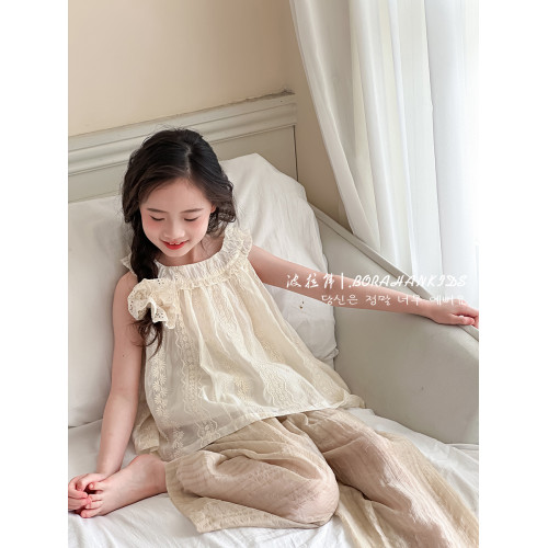 女童法式甜美娃娃衫夏天背心2025小女孩蕾絲無袖上衣中大童小襯衫