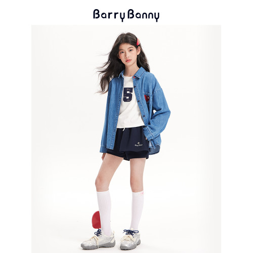 BarryBanny女童牛仔襯衫2025秋季新款刺綉兒童美式復古長袖外套
