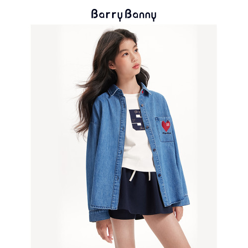 BarryBanny女童牛仔襯衫2025秋季新款刺綉兒童美式復古長袖外套