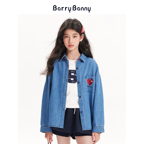BarryBanny女童牛仔襯衫2025秋季新款刺綉兒童美式復古長袖外套