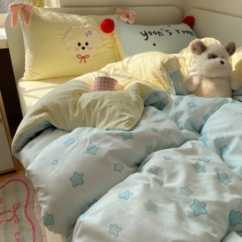 治瘉藍色星星小狗毛球款床單四件套少女柔軟水洗棉被套被單三件套