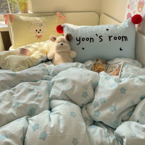 治瘉藍色星星小狗毛球款床單四件套少女柔軟水洗棉被套被單三件套