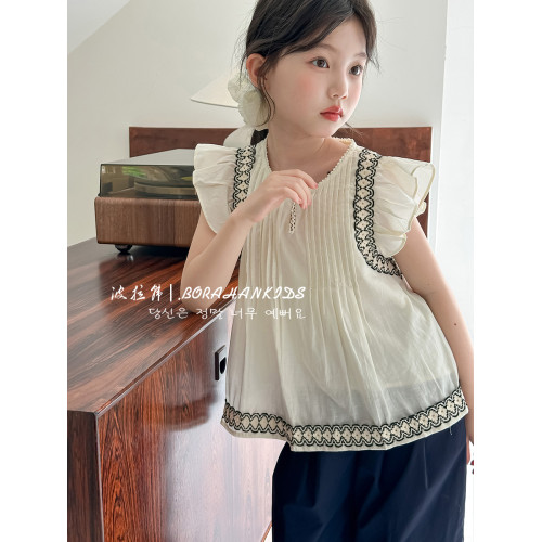 波拉韓法式小飛袖襯衫女童夏裝2025新款兒童甜美無袖娃娃衫上衣