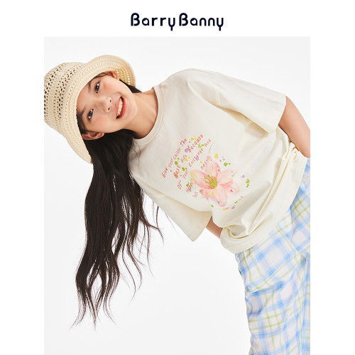 BarryBanny女童抗菌短袖T恤夏季新款兒童百合花涼感透氣圓領上衣